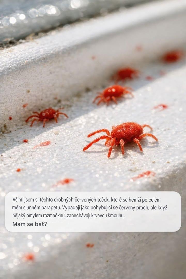 Všimla jsem si těchto drobných červených teček, které se mi hemží po celém slunném parapetu. Vypadají jako pohybující se červený prach, ale když nějaký omylem rozmáčknu, zanechávají krvavou šmouhu. Mám se bát?